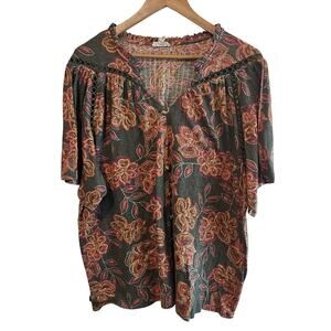 Como Blu Boho Blouse Womens 2X Green Floral Cottage Relaxed Peasant Fairy
